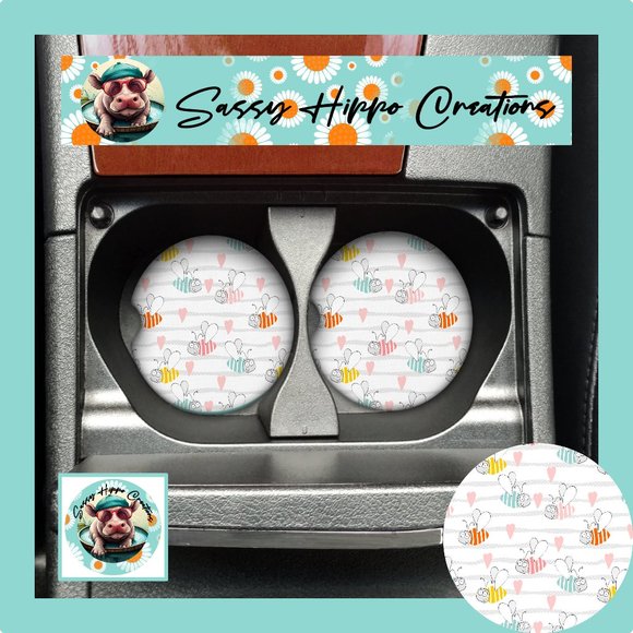 Car Coasters Colorful Striped Bumble Bees Pink Hearts Set of 2 Neoprene Absorb - Picture 1 of 5